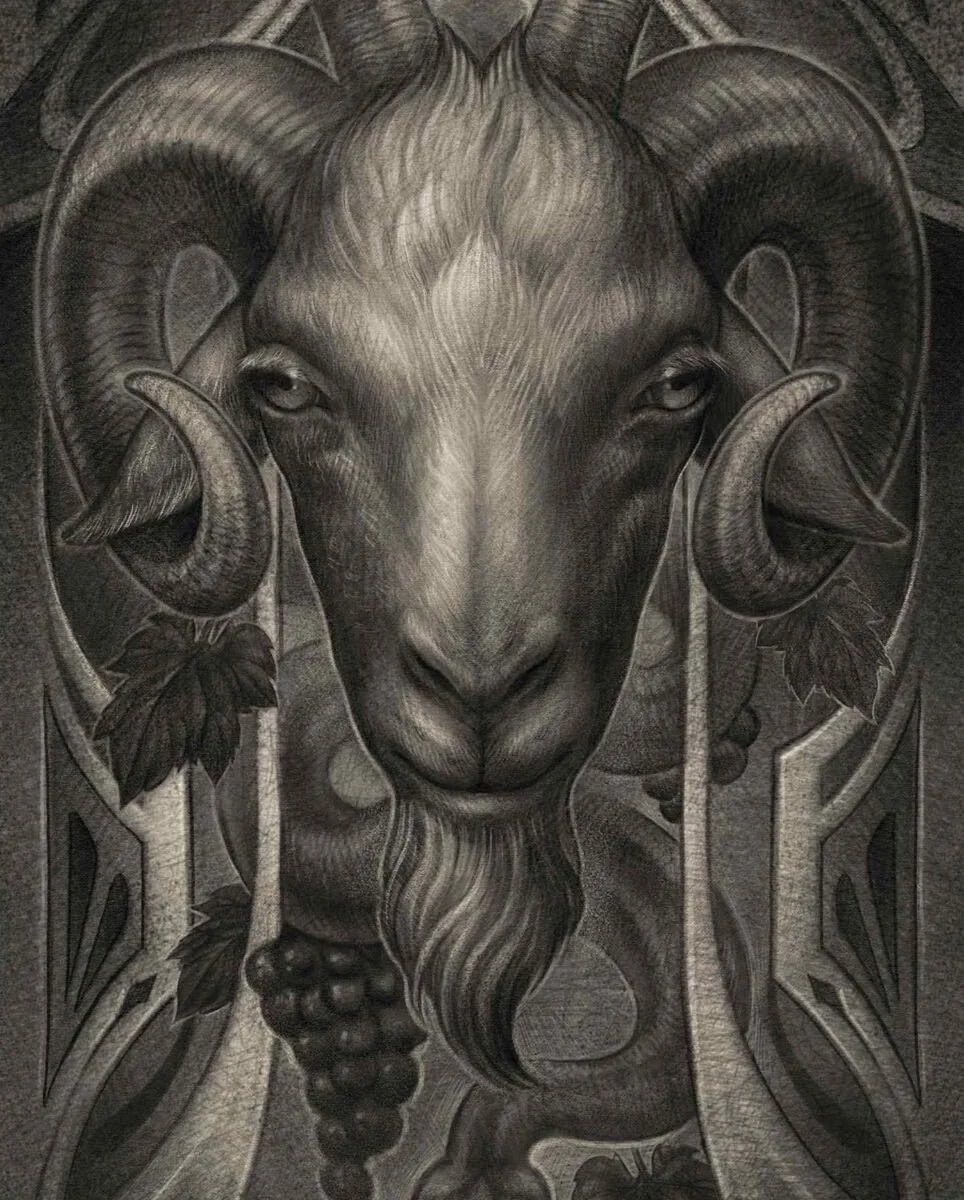 Fine art ram goat grapes Art Nouveau drawing by Terry Ribera San Diego