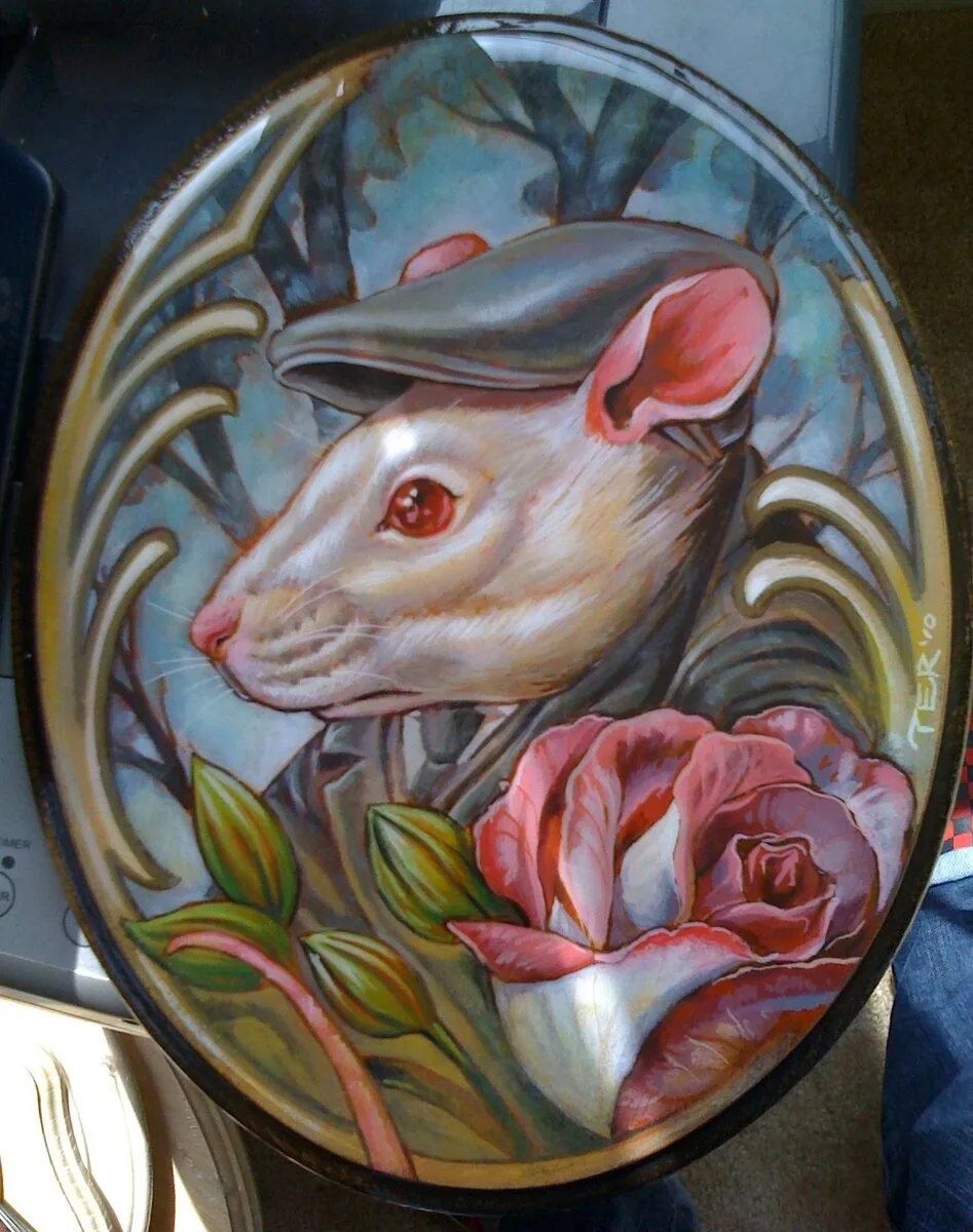 Fine art rat newsboy cap rose Art Nouveau oval oil painting by Terry Ribera San Diego