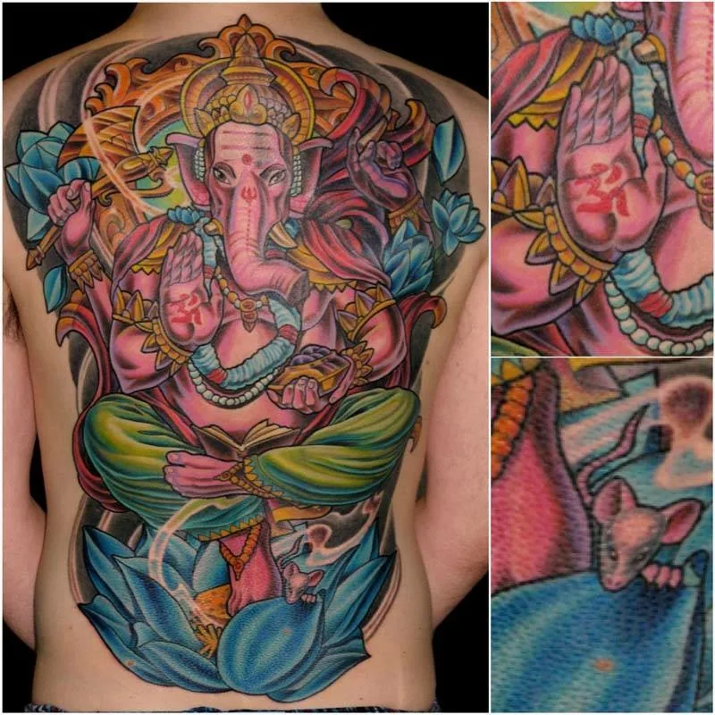 Illustrative neo Japanese Ganesh lotus back piece tattoo by Terry Ribera San Diego