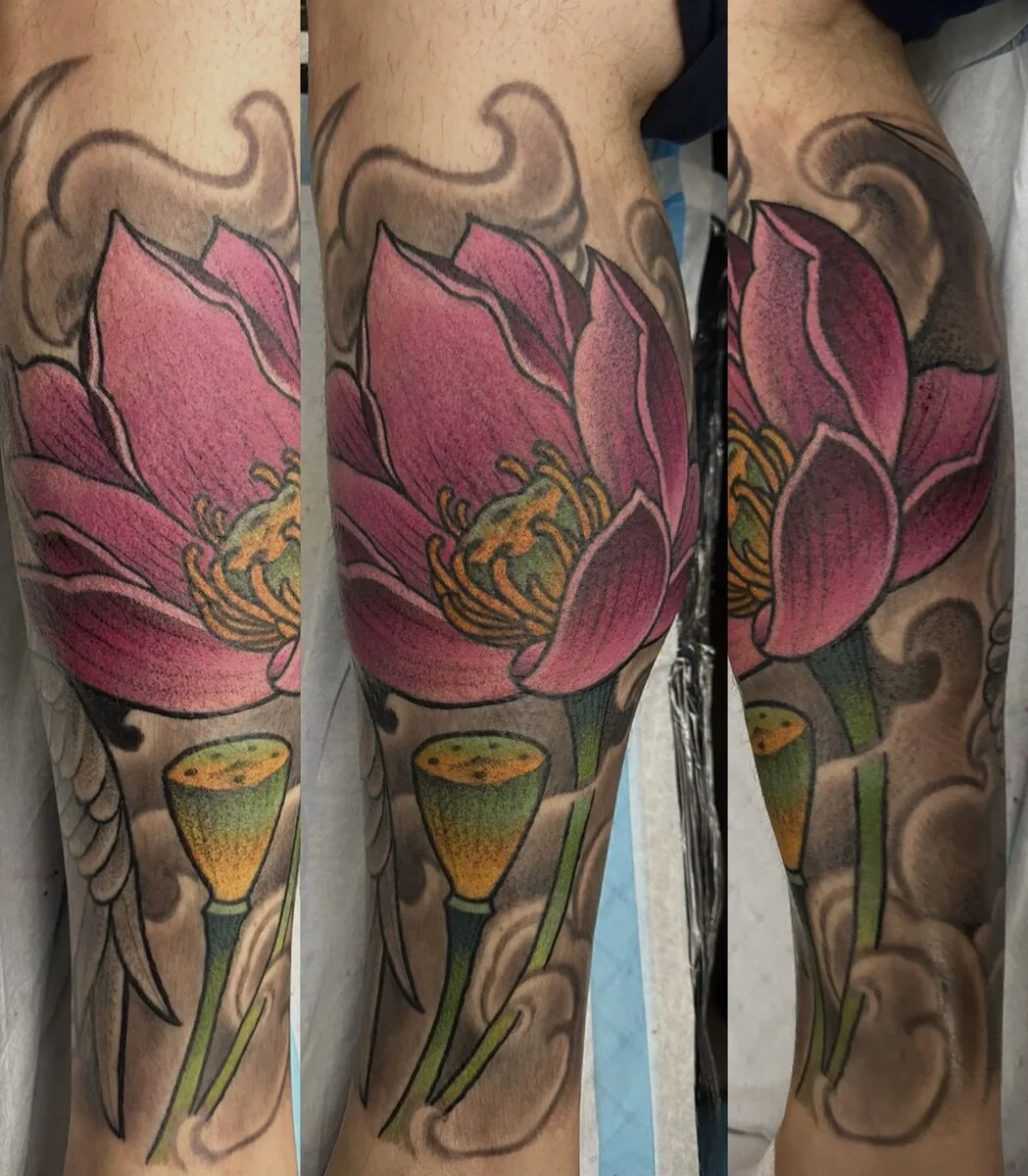 Illustrative neo Japanese lotus flower leg tattoo by Terry Ribera San Diego