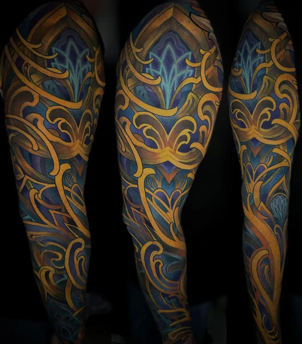 Ornamental Art Nouveau gold blue full sleeve tattoo by Terry Ribera, San Diego