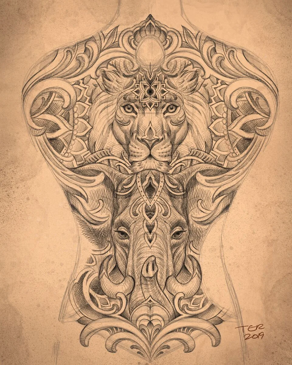 Ornamental lion deer back piece design drawing by Terry Ribera