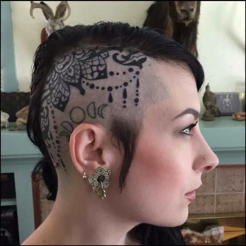 Ornamental mandala head scalp tattoo by Terry Ribera, San Diego