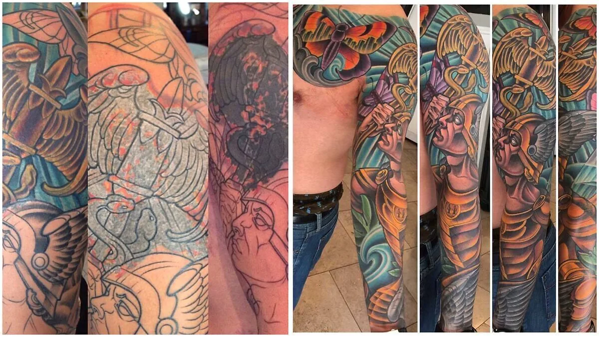Cover-up: anchor and Medusa transformed to Neo Traditional warrior sleeve, before and after — Terry Ribera, San Diego