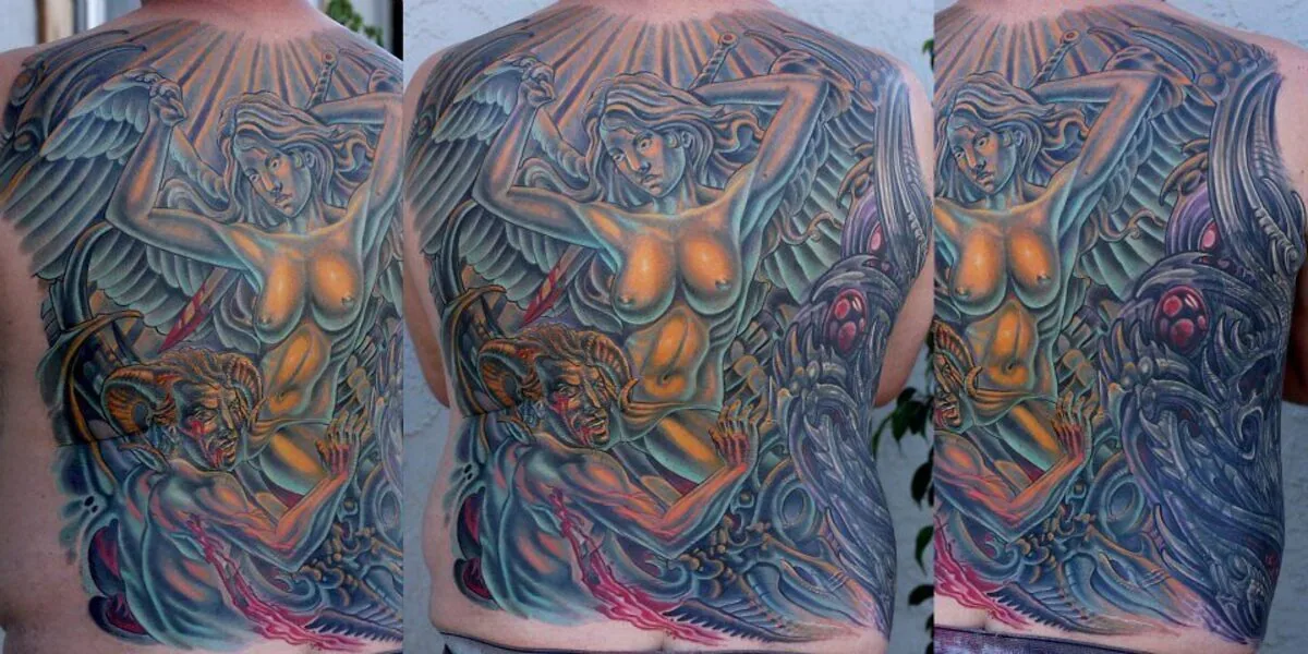 Cover-up: angel demon back piece before and after — Terry Ribera, San Diego
