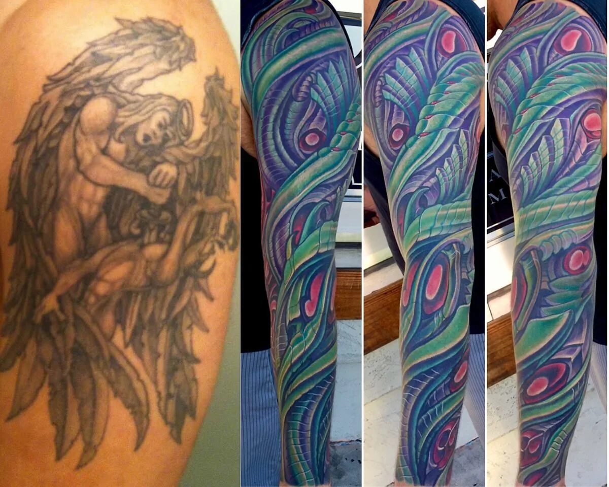 Cover-up: angel figure transformed to bio-organic peacock sleeve, before and after — Terry Ribera, San Diego