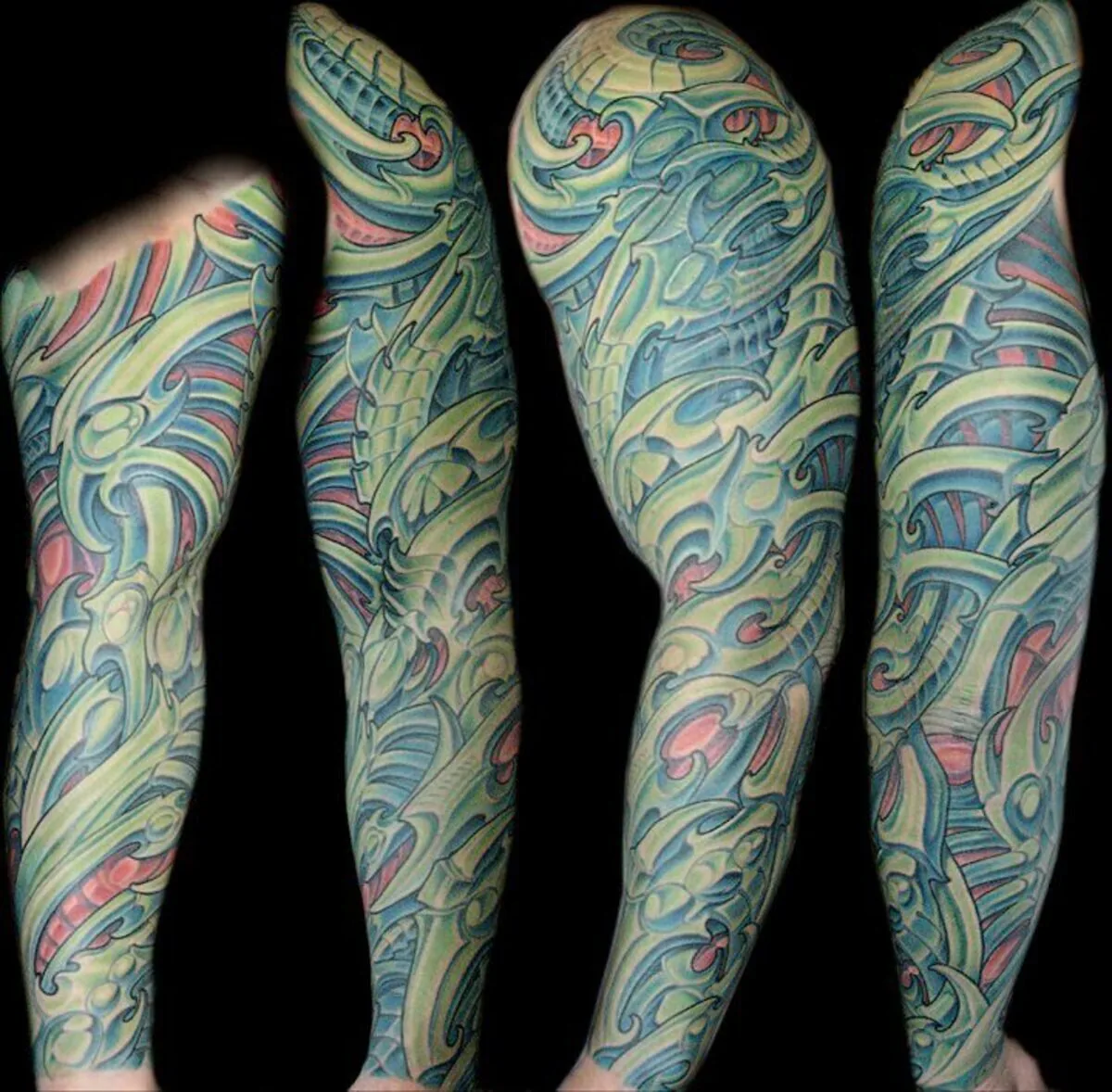 Cover-up: bio-organic teal green sleeve tattoo — Terry Ribera, San Diego