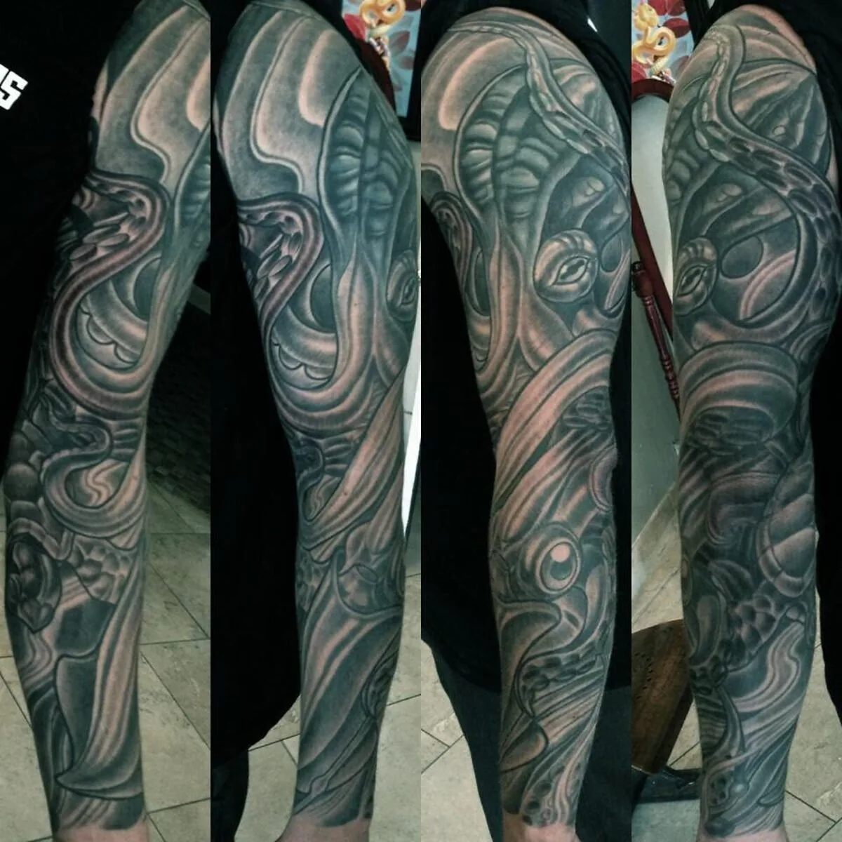 Cover-up: biomechanical black grey leg sleeve tattoo — Terry Ribera, San Diego