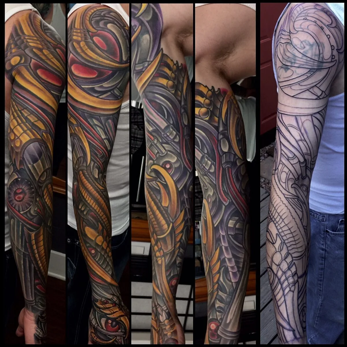 Cover-up: biomechanical gold yellow sleeve before and after — Terry Ribera, San Diego