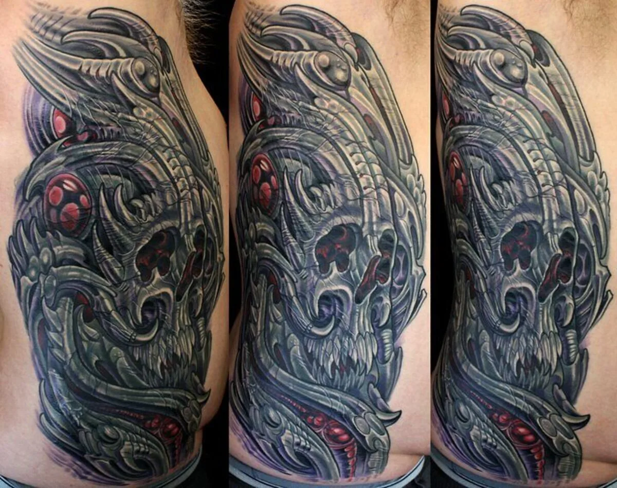 Cover-up: biomechanical skull rib side before and after — Terry Ribera, San Diego