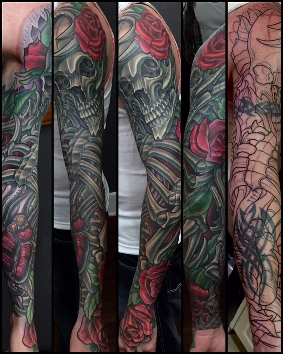 Cover-up: biomechanical skull rose sleeve before and after — Terry Ribera, San Diego