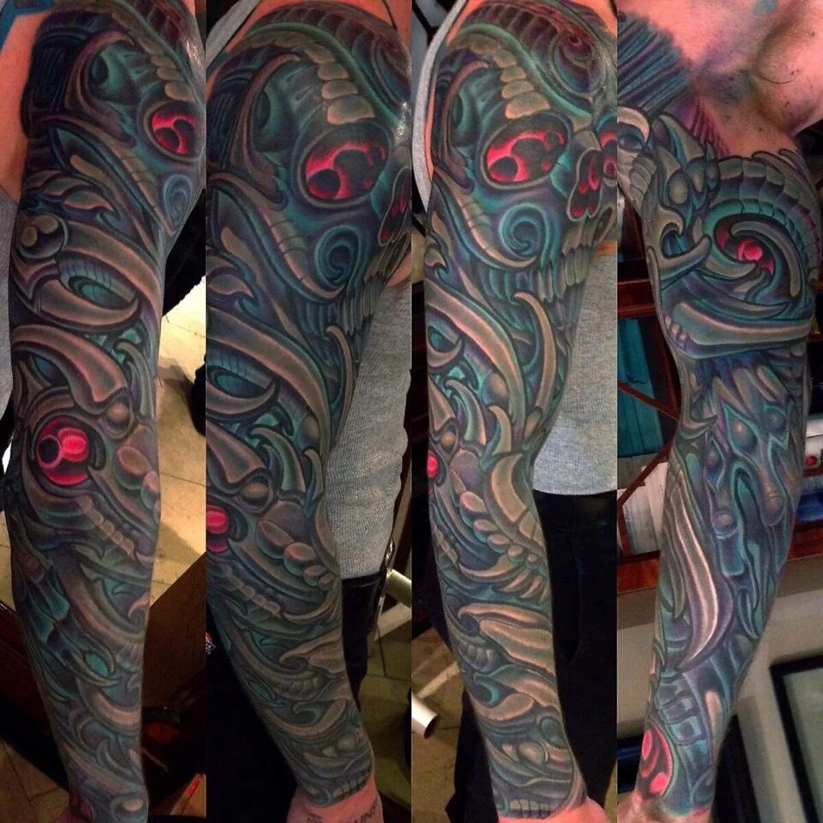 Cover-up: biomechanical teal skull sleeve before and after — Terry Ribera, San Diego