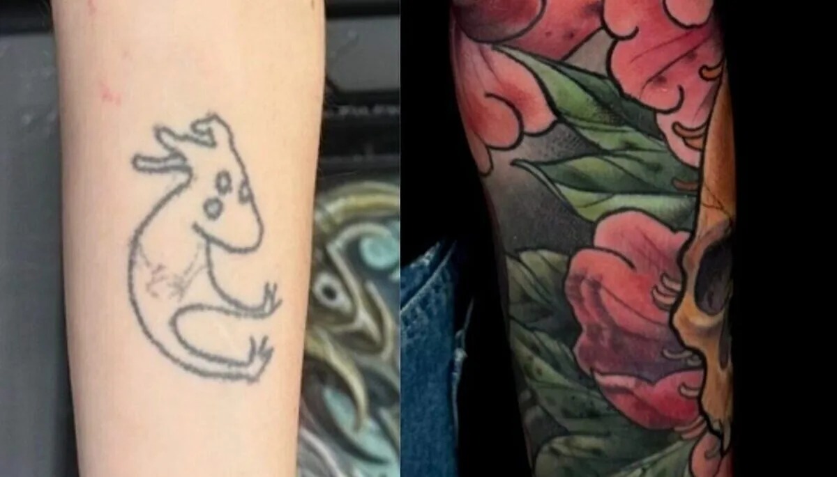 Cover-up: cartoon transformed to skull peonies sleeve, before and after — Terry Ribera, San Diego