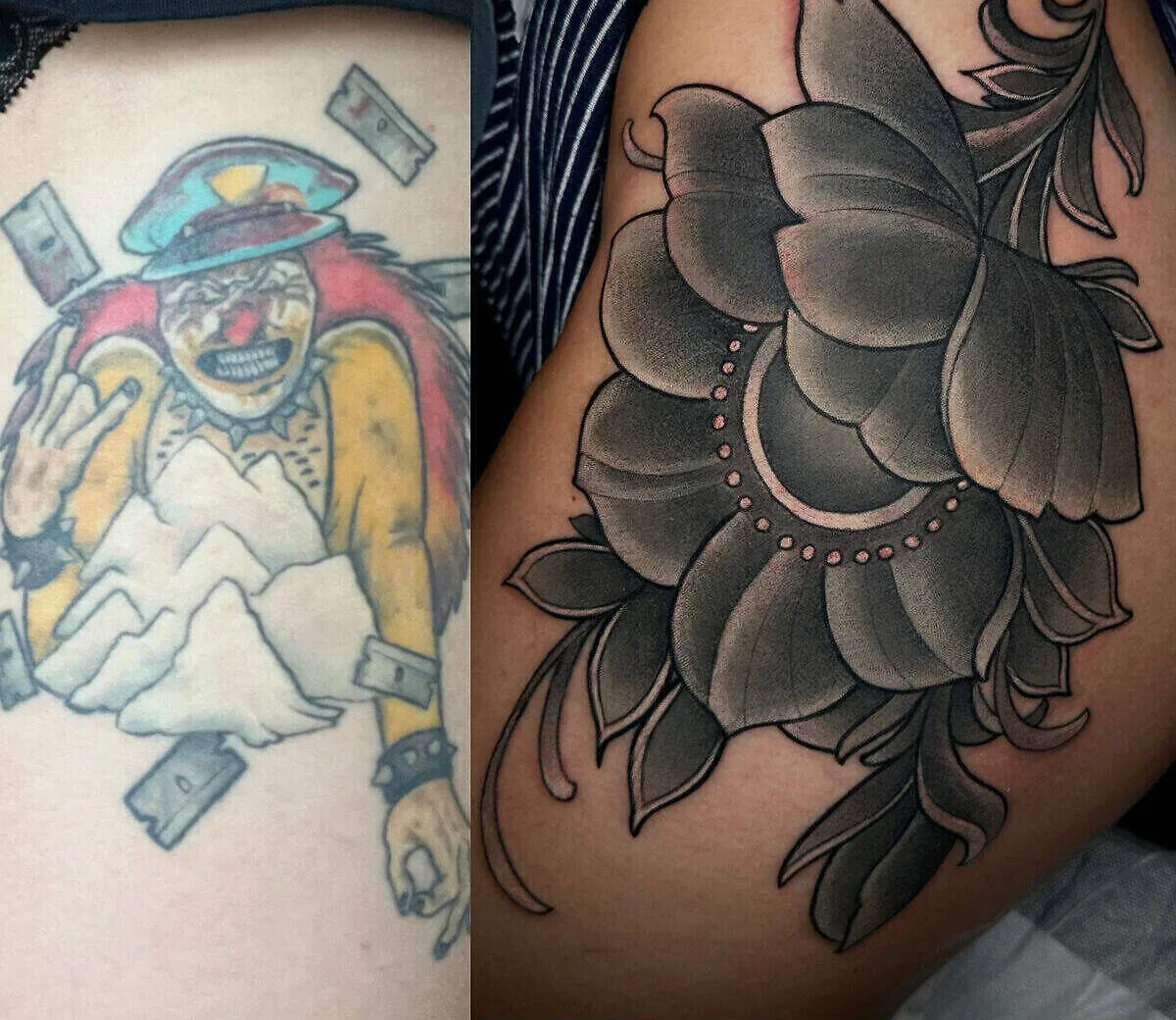 Cover-up: clown transformed to dark peony thigh, before and after — Terry Ribera, San Diego