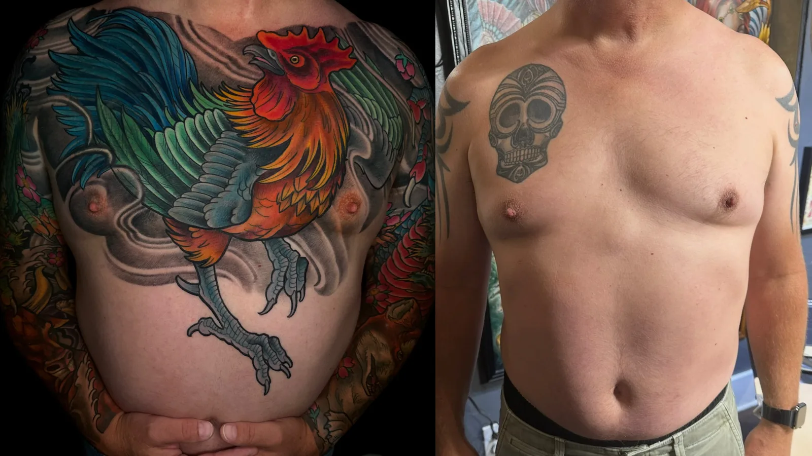 Before and after cover-up tattoo of a chest reworked into a full color neo traditional rooster piece by Terry Ribera, San Diego