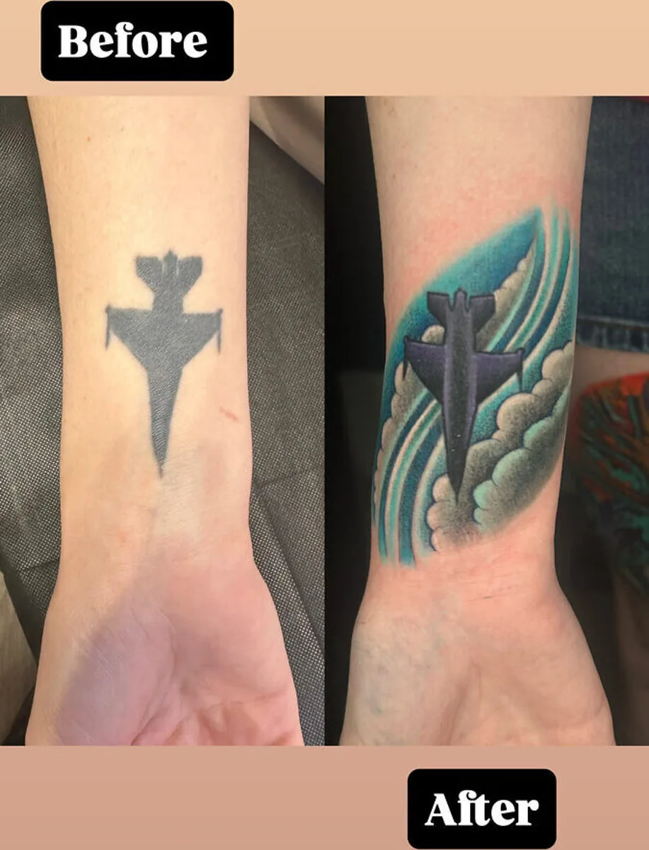 Cover-up: cross transformed to warplane wrist, before and after — Terry Ribera, San Diego