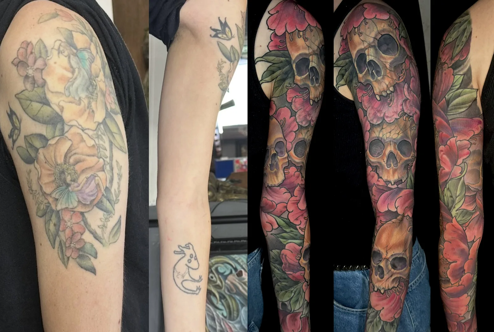 Before and after cover-up tattoo of faded color arm work reworked into a skull and peony sleeve by Terry Ribera, San Diego