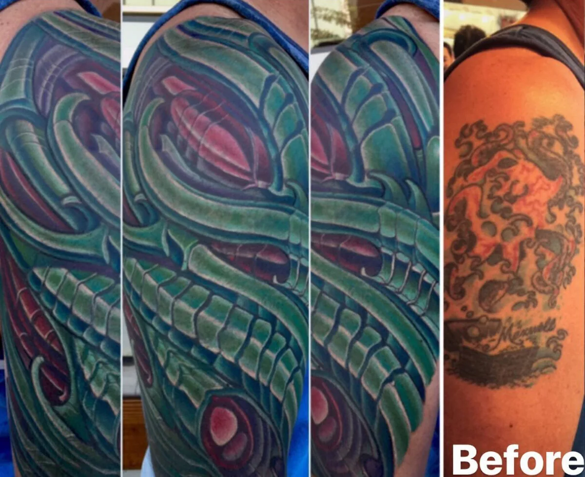 Cover-up: faded Japanese transformed to bio-organic shoulder, before and after — Terry Ribera, San Diego