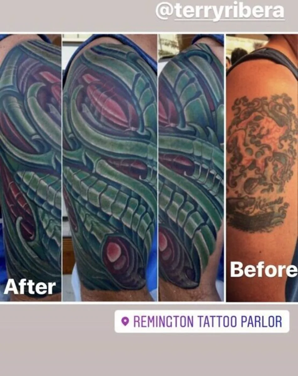 Cover-up: faded tattoo transformed to bio-organic alien shoulder, before and after — Terry Ribera, San Diego