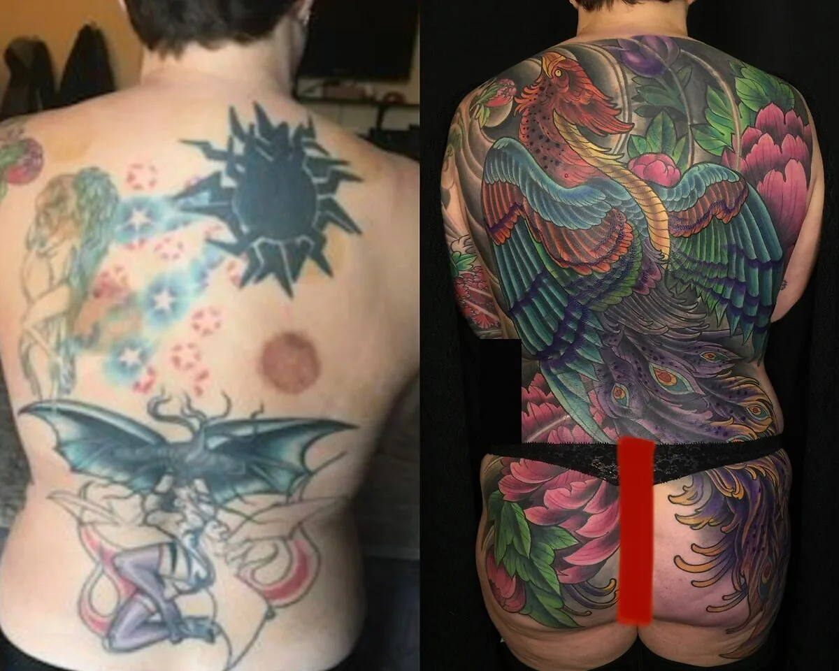 Cover-up: fairy angel transformed to phoenix back piece, before and after — Terry Ribera, San Diego