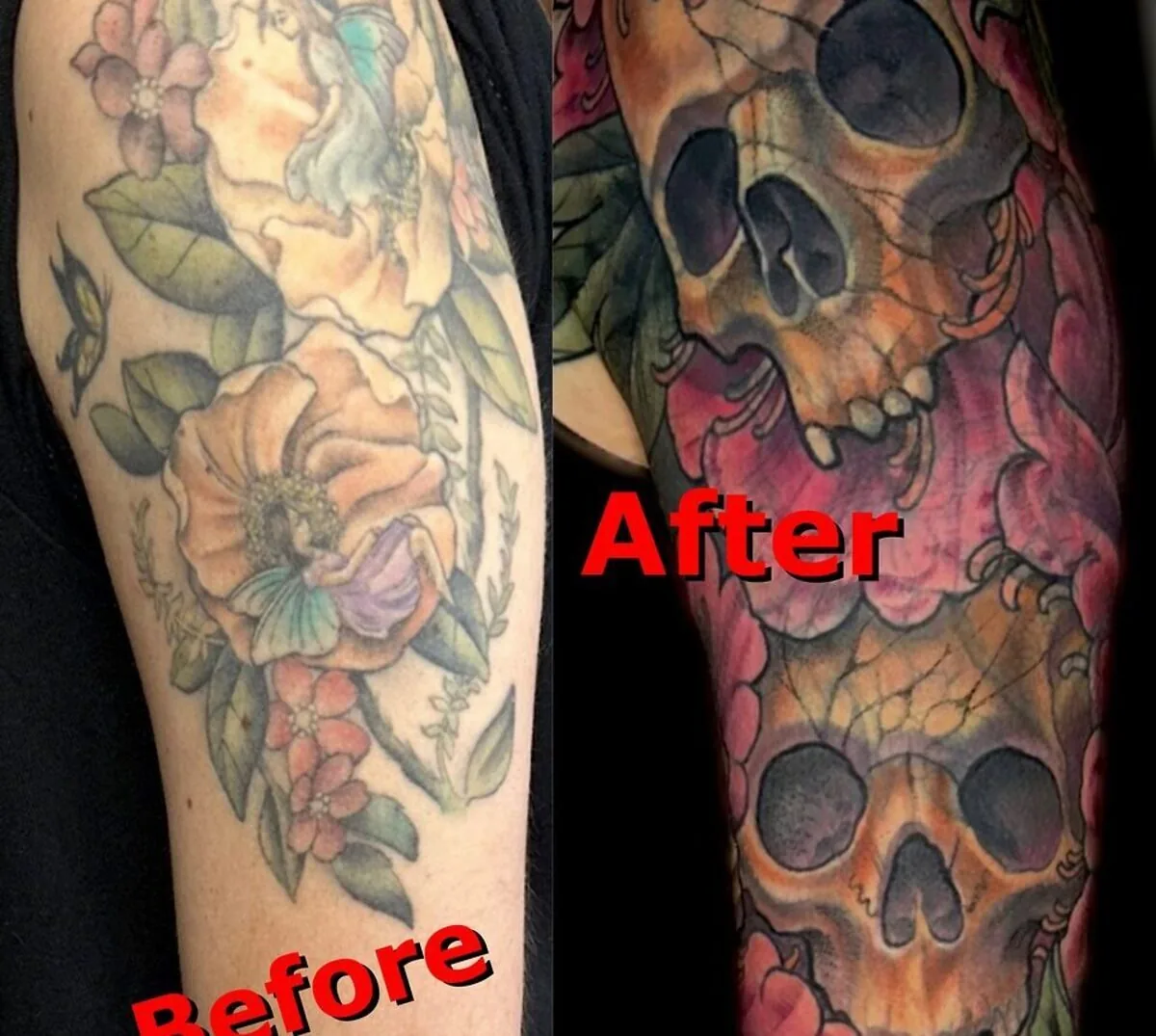 Cover-up: flowers transformed to skull peony upper arm, before and after — Terry Ribera, San Diego