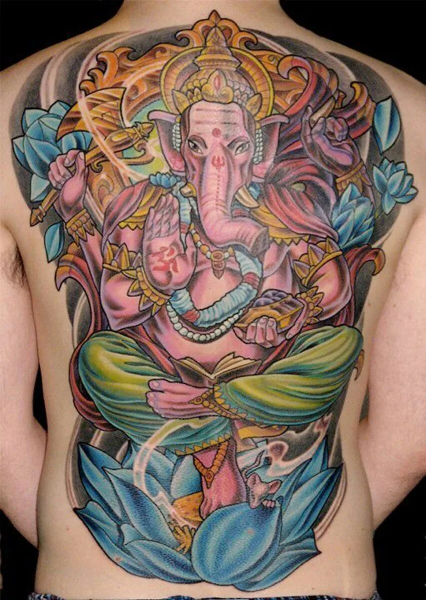 Cover-up: Ganesha back piece before and after — Terry Ribera, San Diego
