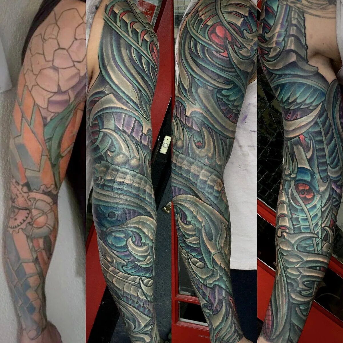 Cover-up: geometric tribal transformed to biomechanical sleeve, before and after — Terry Ribera, San Diego