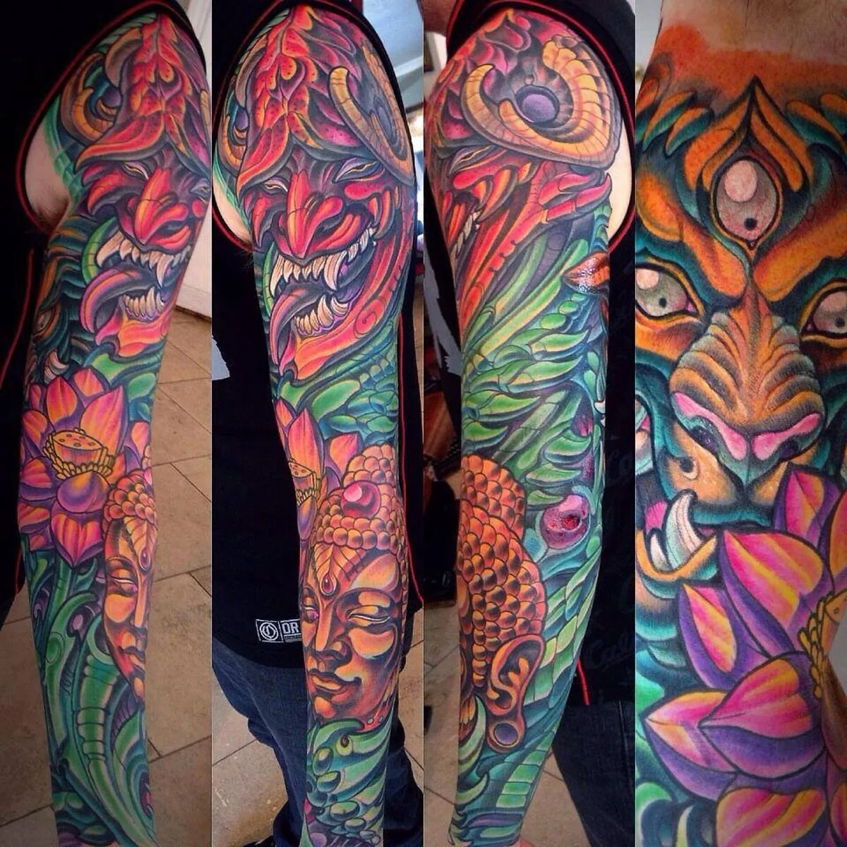 Cover-up: hannya tiger lotus sleeve before and after — Terry Ribera, San Diego