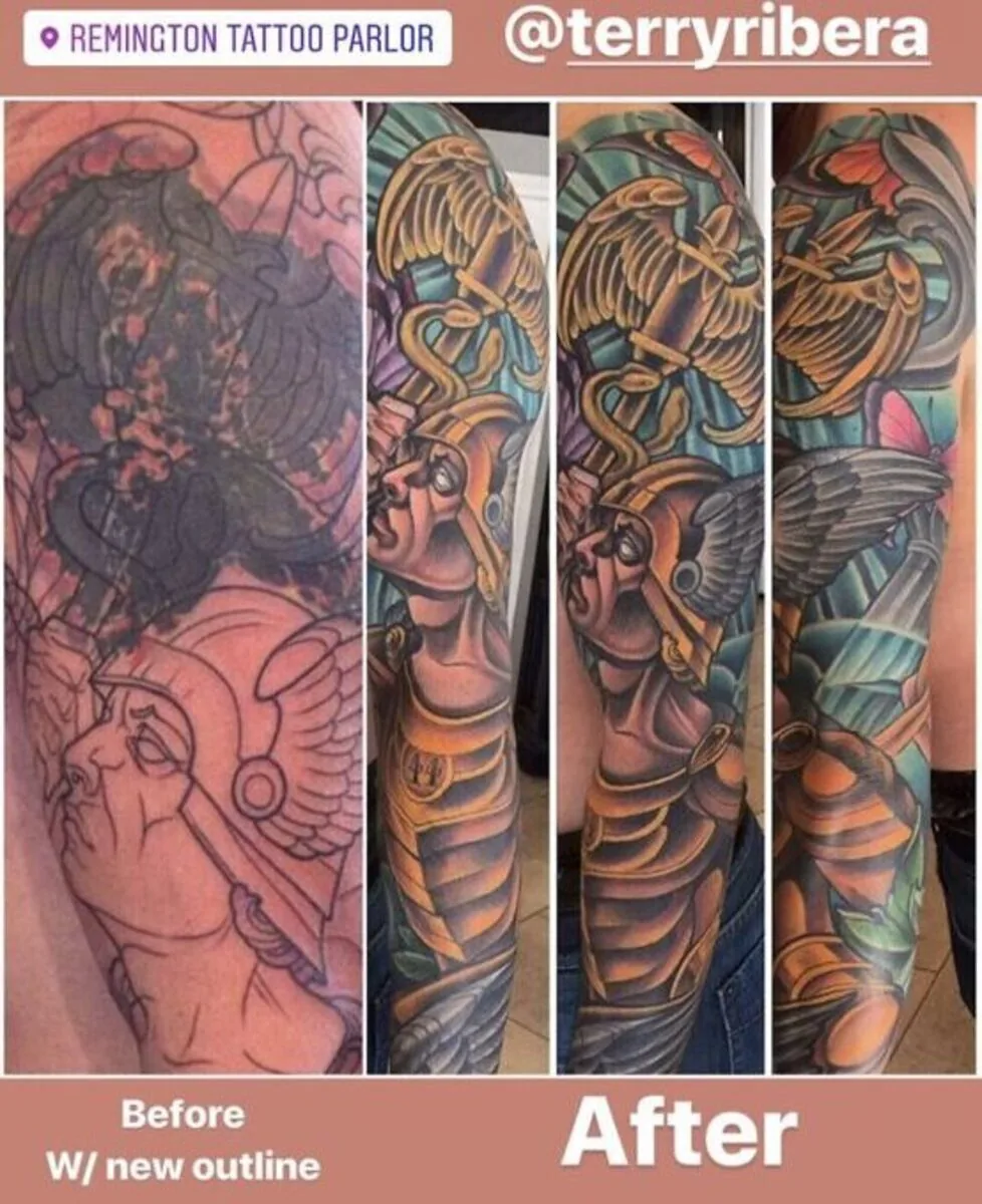 Cover-up: Japanese sleeve transformed to biomechanical samurai, before and after — Terry Ribera, San Diego