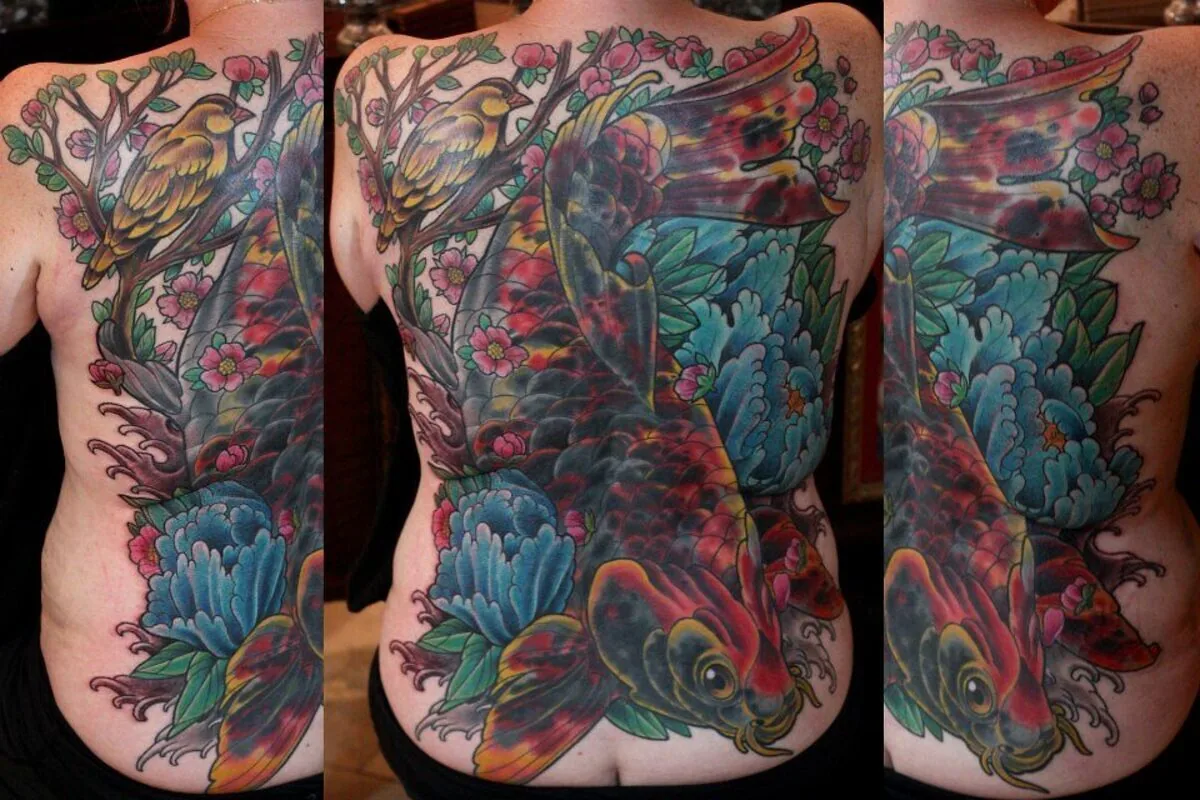 Cover-up: koi cherry blossom back piece before and after — Terry Ribera, San Diego