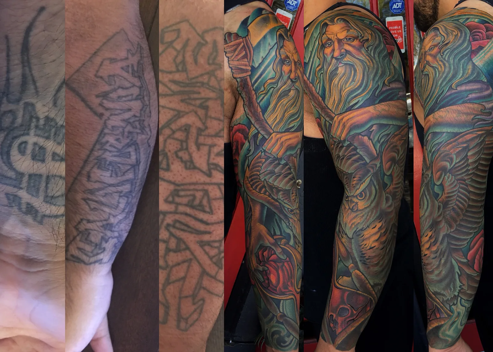 Before and after cover-up tattoo of old lettering reworked into a full color wizard warrior sleeve by Terry Ribera, San Diego