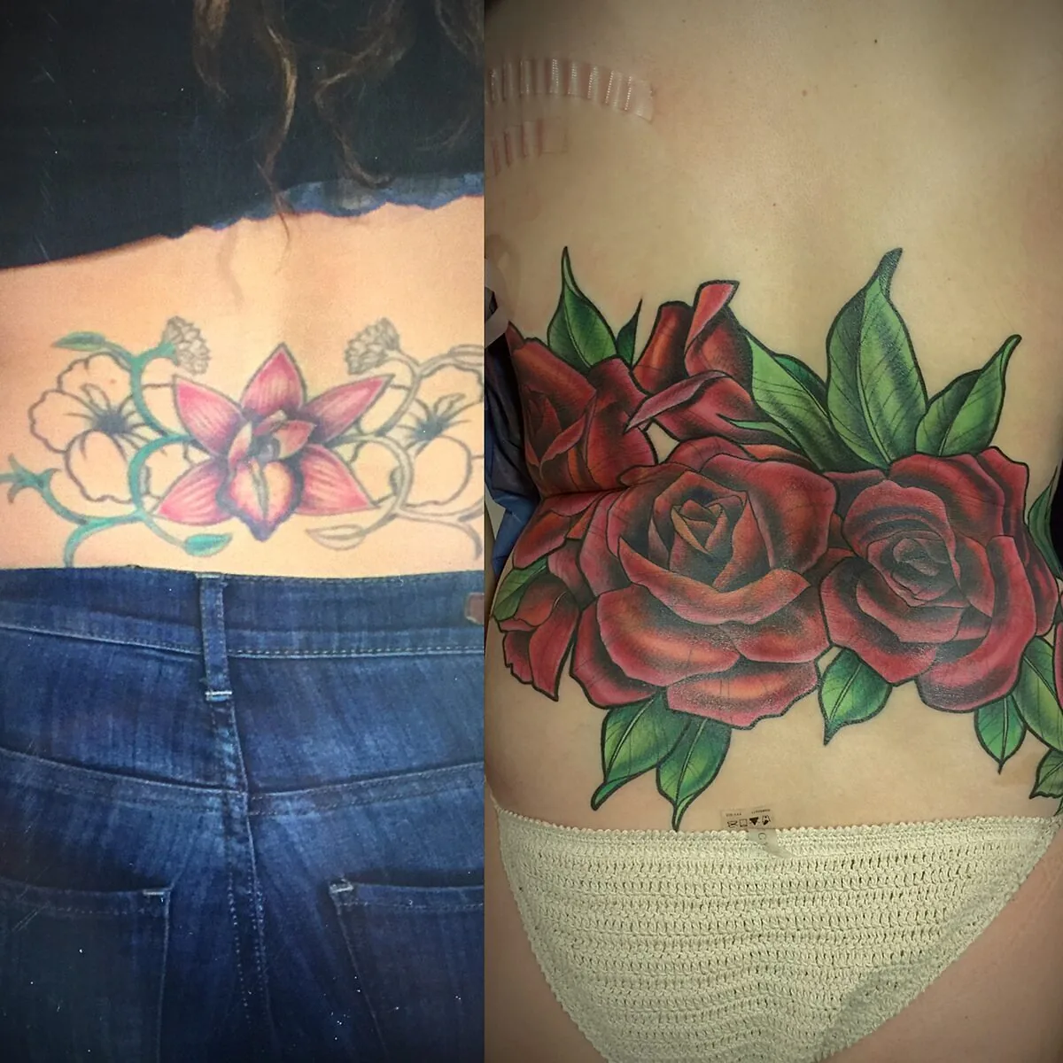 Cover-up: lower back flowers transformed to roses, before and after — Terry Ribera, San Diego