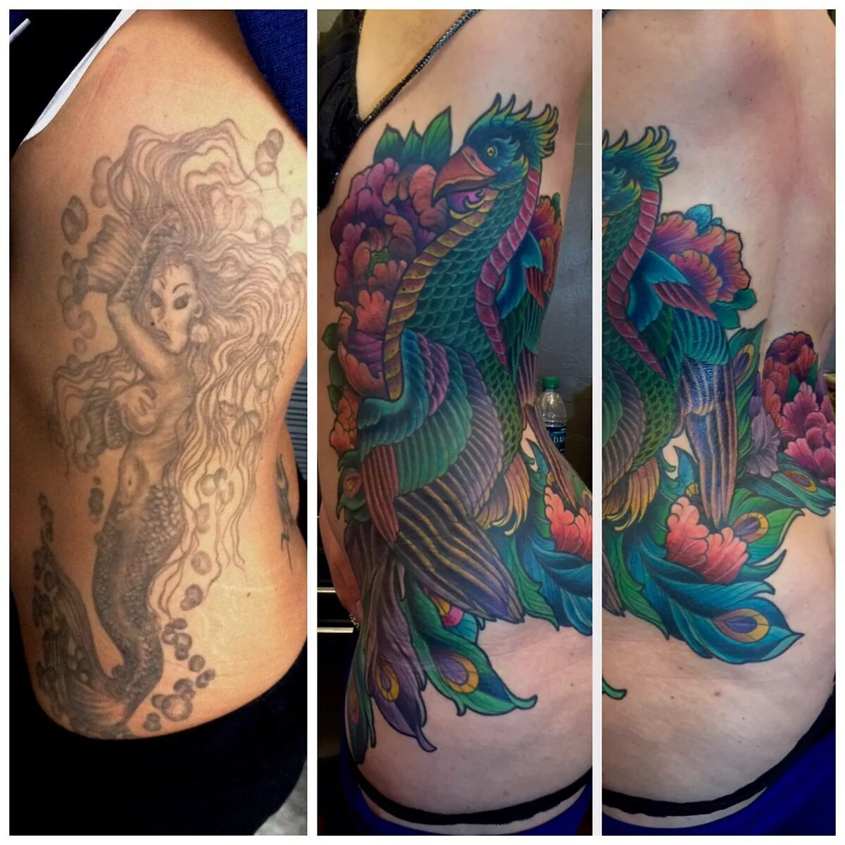 Cover-up: mermaid transformed to peacock phoenix ribs, before and after — Terry Ribera, San Diego