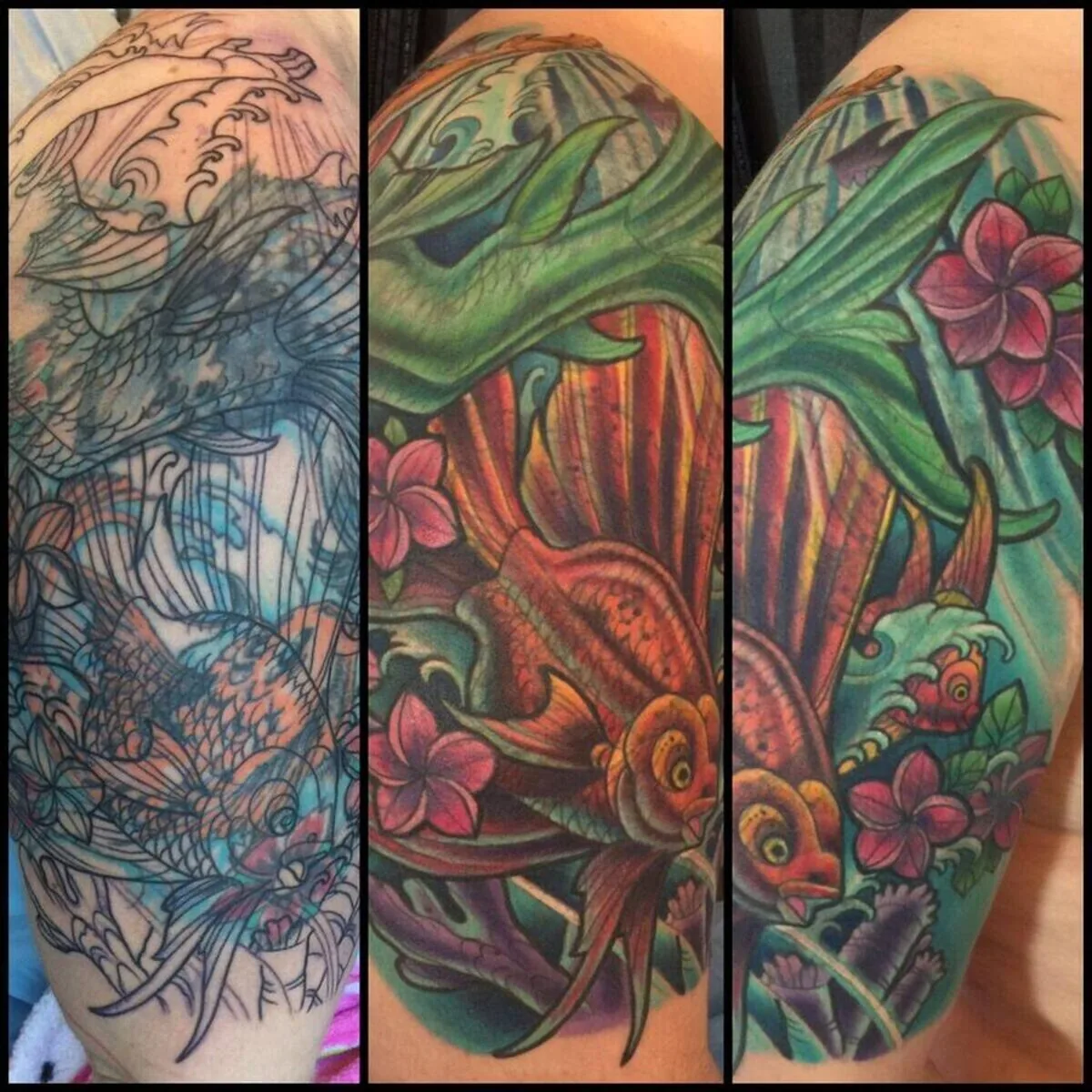 Cover-up: old koi transformed to tropical upper arm, before and after — Terry Ribera, San Diego
