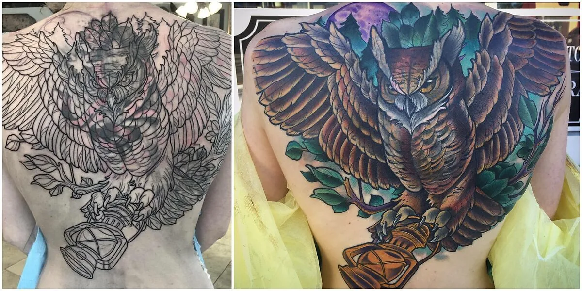 Cover-up: old tattoo transformed to owl lantern back piece, before and after — Terry Ribera, San Diego