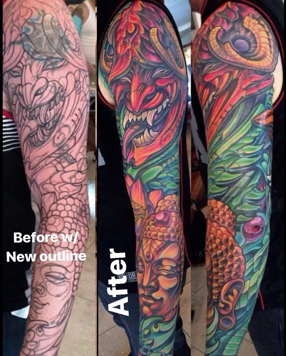 Cover-up: outline transformed to hannya Buddha koi sleeve, before and after — Terry Ribera, San Diego
