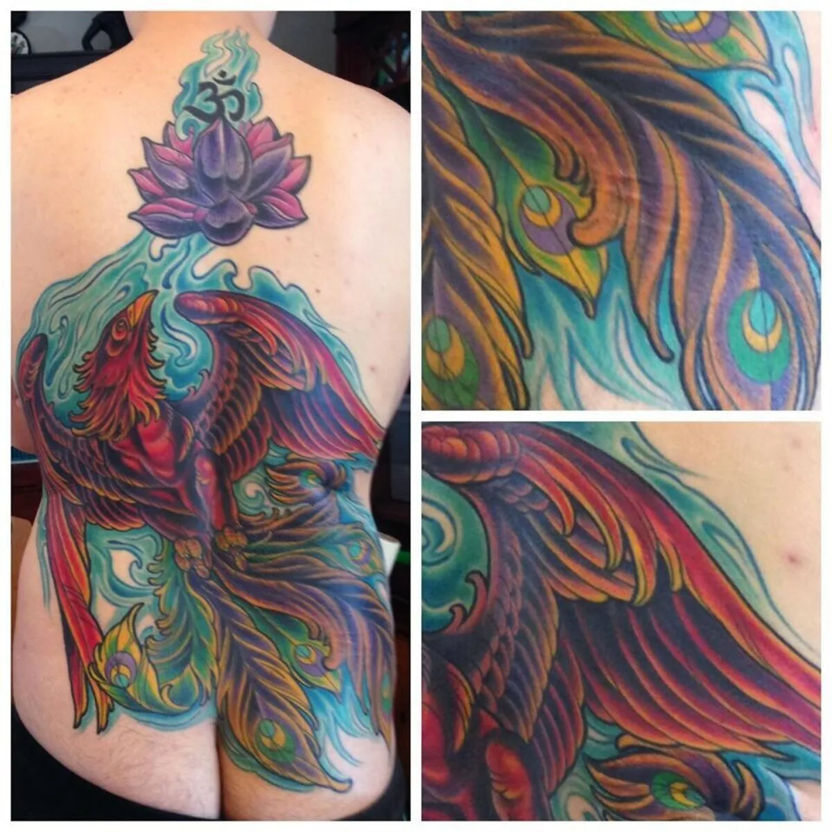 Cover-up: phoenix peacock back piece before and after — Terry Ribera, San Diego