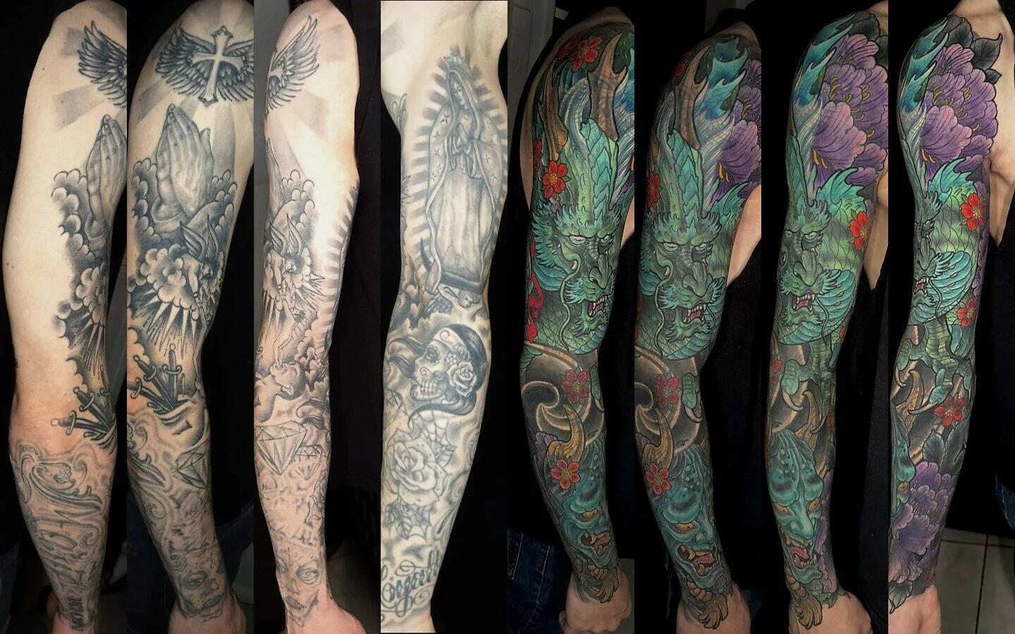 Cover-up: religious Chicano sleeve transformed to Neo Japanese dragon hannya full sleeve — Terry Ribera, San Diego