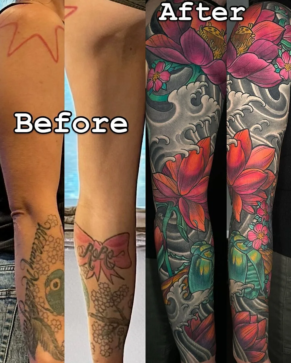 Cover-up: script koi transformed to Japanese lotus sleeve, before and after — Terry Ribera, San Diego