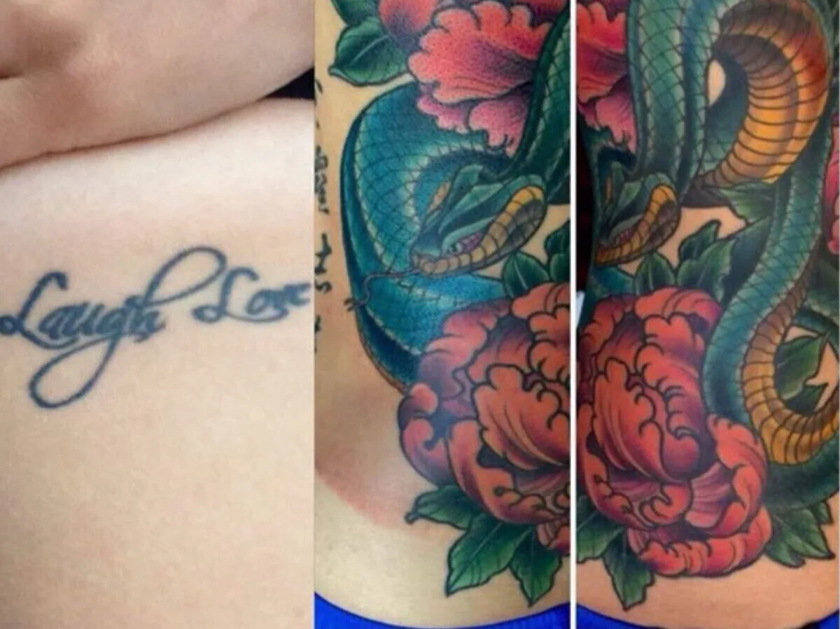 Cover-up: script transformed to snake peony, before and after — Terry Ribera, San Diego