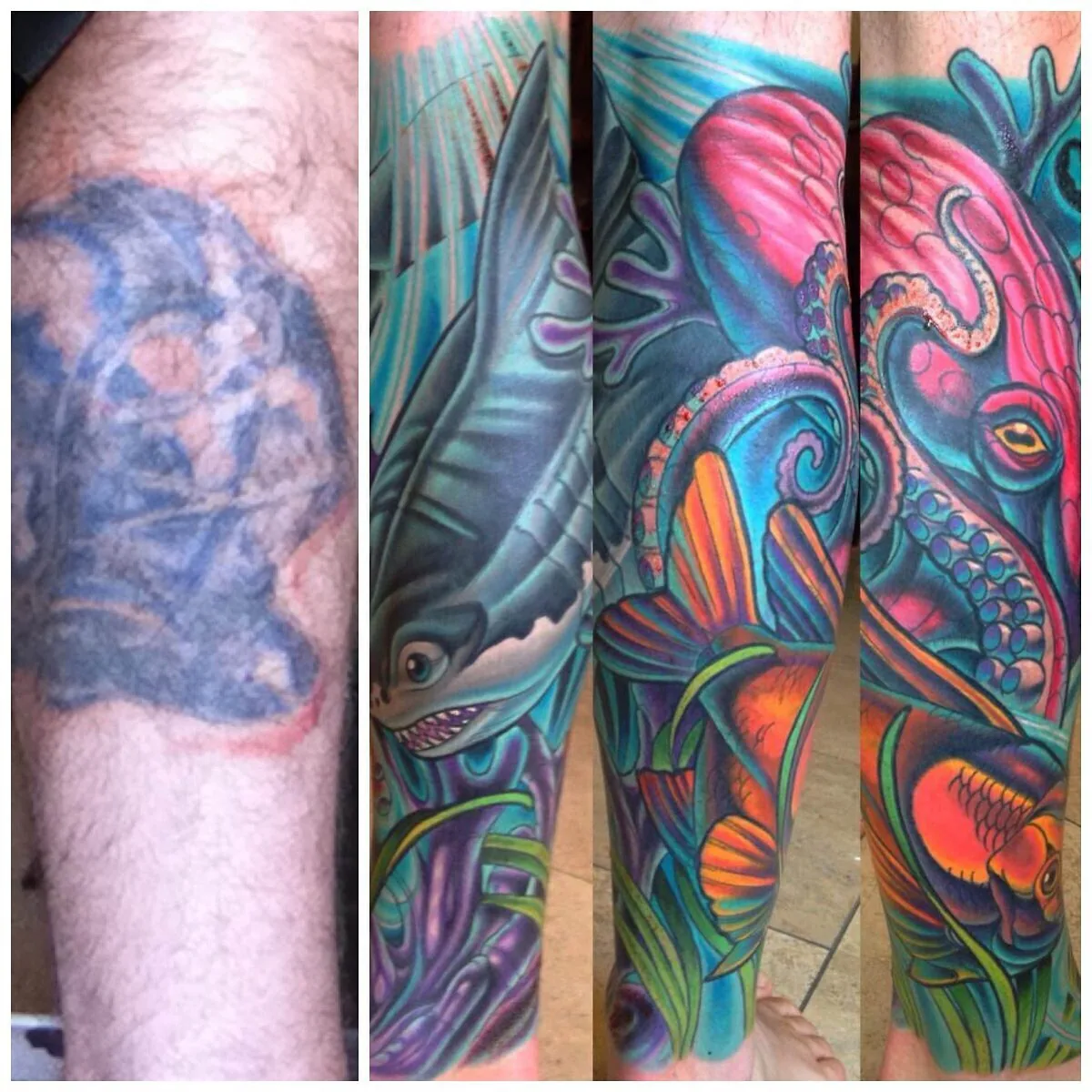 Cover-up: skull transformed to shark octopus leg, before and after — Terry Ribera, San Diego