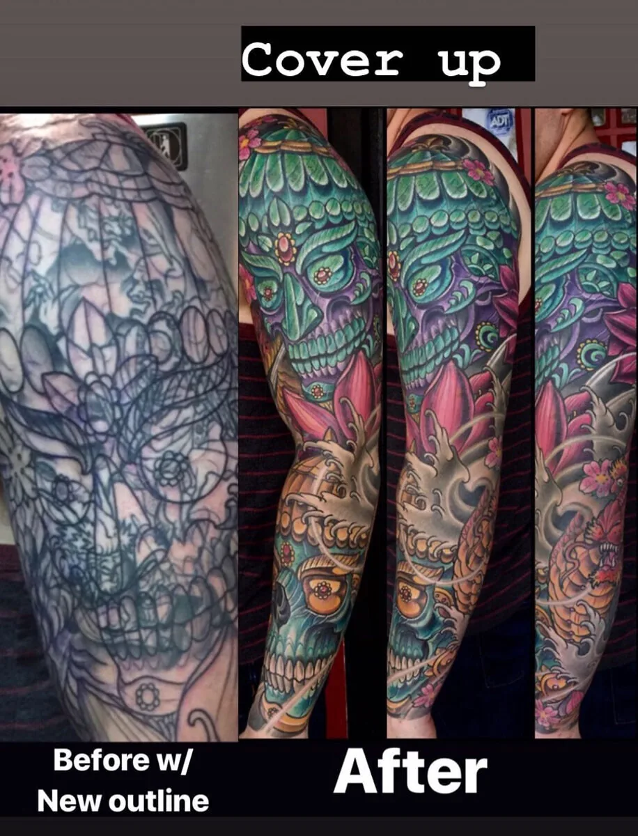 Cover-up: skull web transformed to Japanese skull sleeve, before and after — Terry Ribera, San Diego