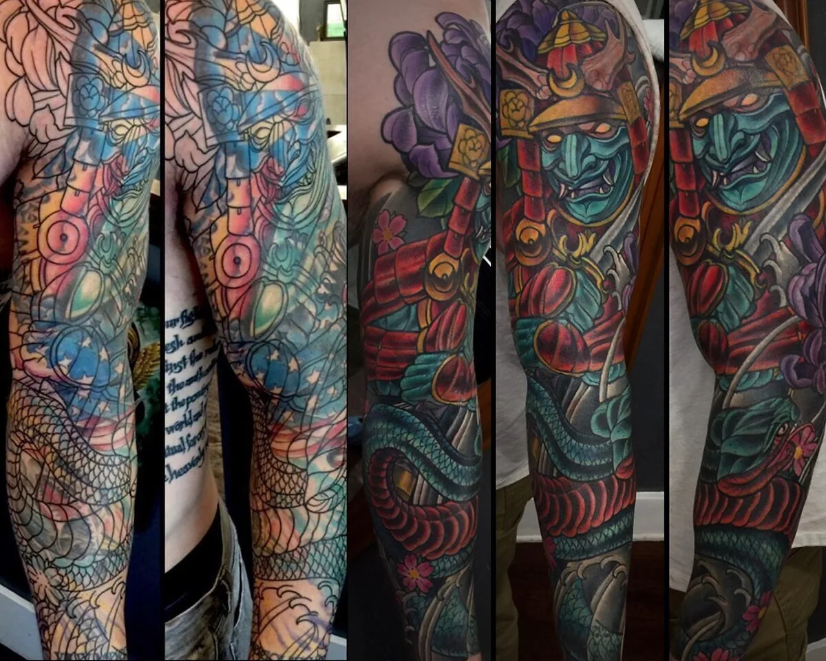 Cover-up: text sleeve transformed to Japanese oni samurai, before and after — Terry Ribera, San Diego