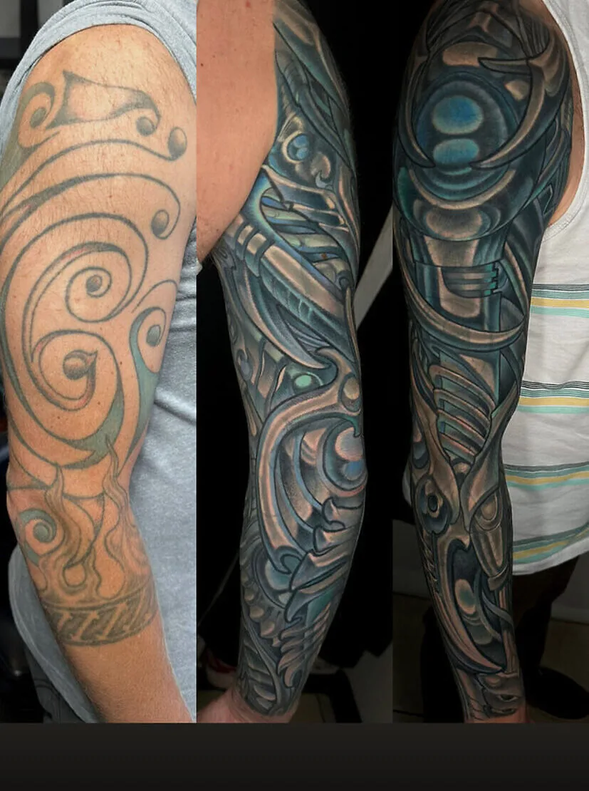 Cover-up: tribal Maori transformed to biomechanical sleeve, before and after — Terry Ribera, San Diego