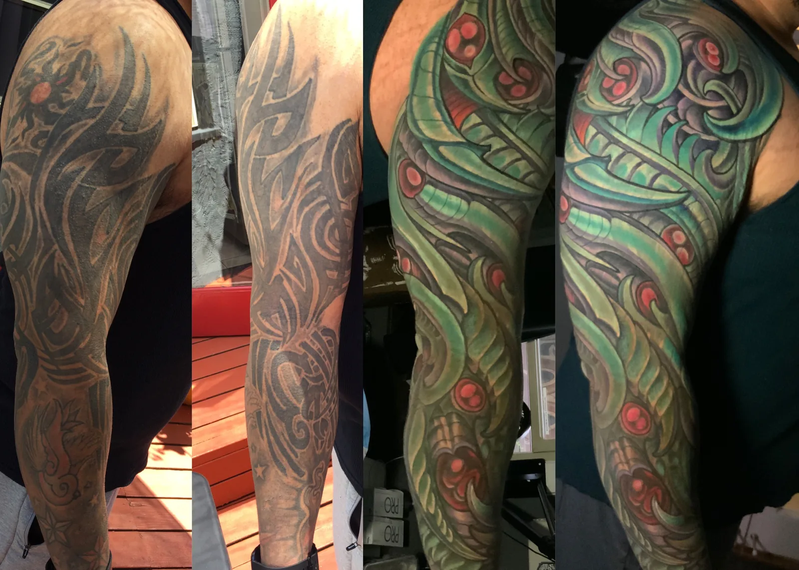 Before and after cover-up tattoo of an old tribal arm reworked into a green bio-organic sleeve by Terry Ribera, San Diego