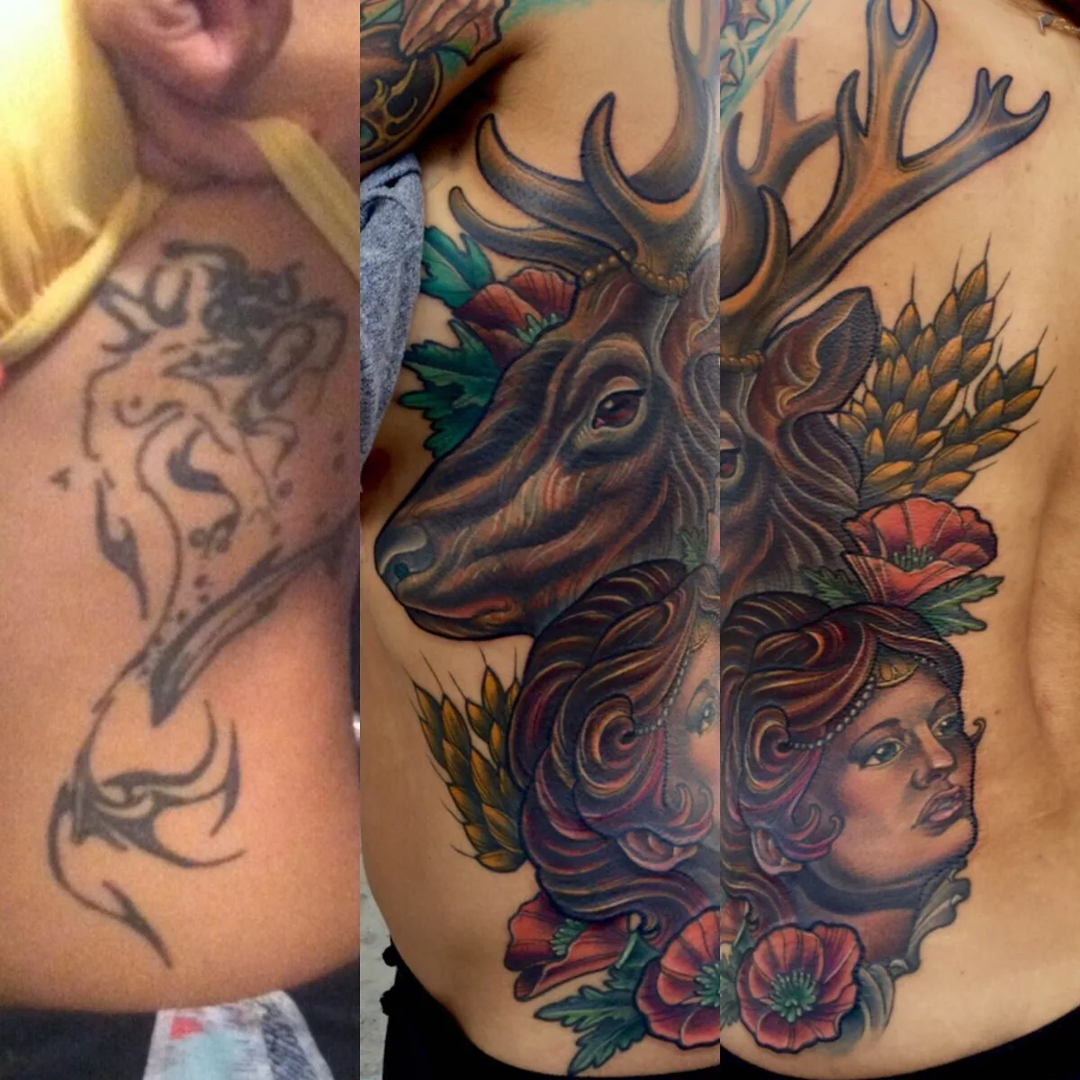 Cover-up: tribal transformed to deer woman portrait ribs, before and after — Terry Ribera, San Diego