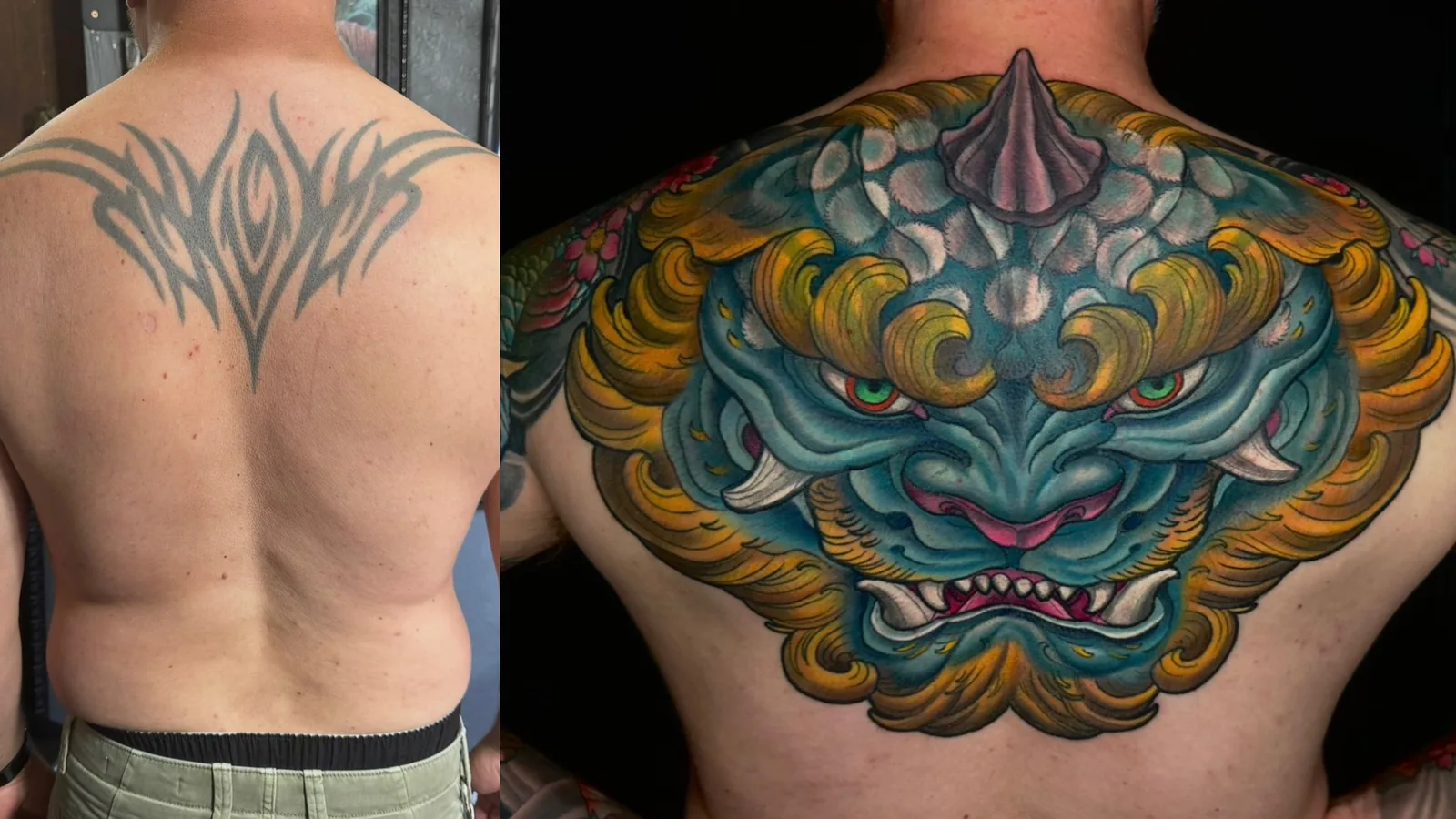 Before and after cover-up tattoo of a dark tribal back reworked into a blue and gold foo dog back piece by Terry Ribera, San Diego
