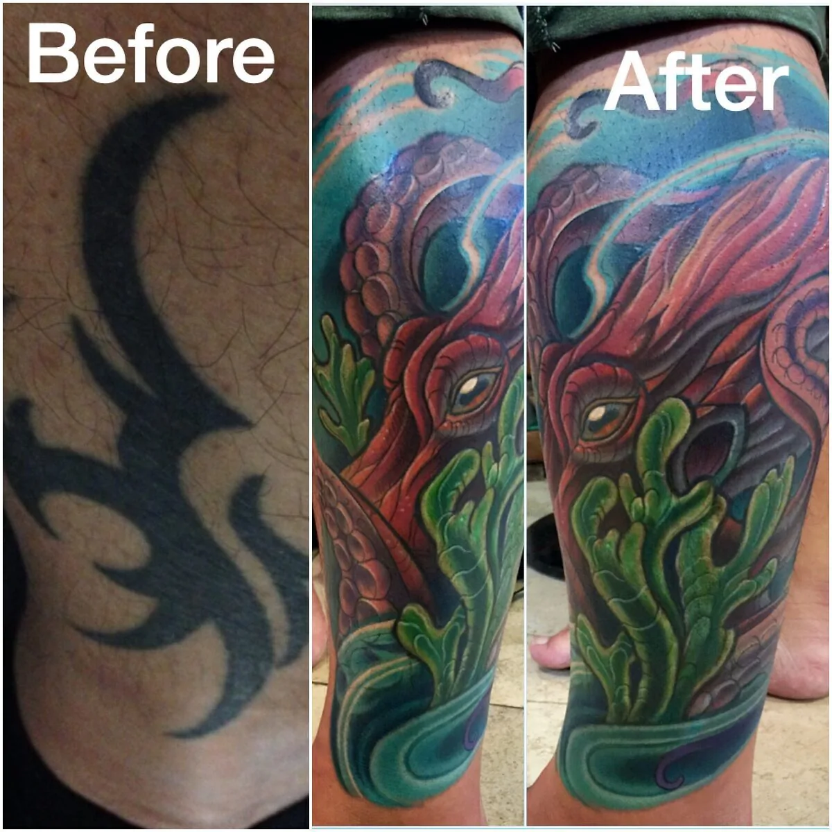 Cover-up: tribal transformed to octopus sea creature leg, before and after — Terry Ribera, San Diego