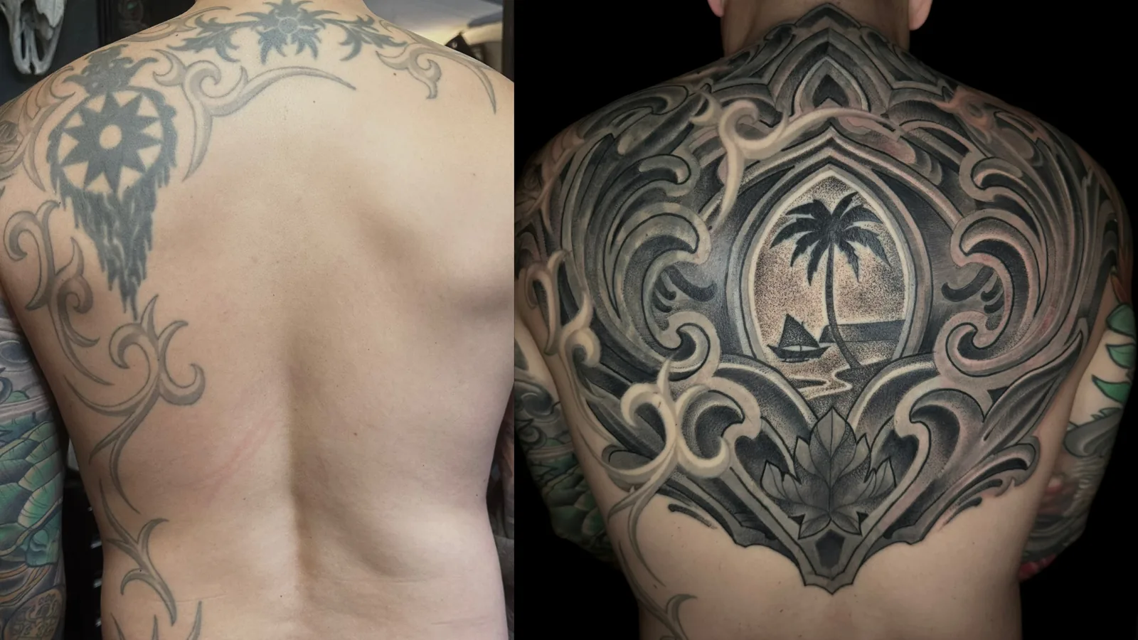 Before and after cover-up tattoo of old tribal reworked into a black and grey ornamental Guam crest back piece by Terry Ribera, San Diego