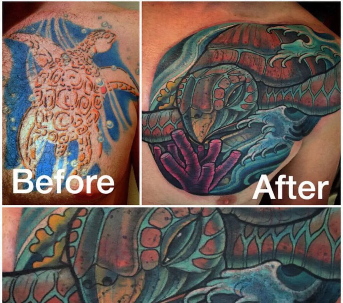 Cover-up: tribal turtle transformed to sea turtle chest, before and after — Terry Ribera, San Diego